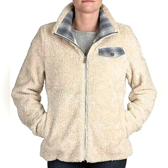 PENDLETON Ivory Sherpa Wool Blend Fleece Full Zip Plaid Trim Lined Teddy Jacket - Picture 1 of 8